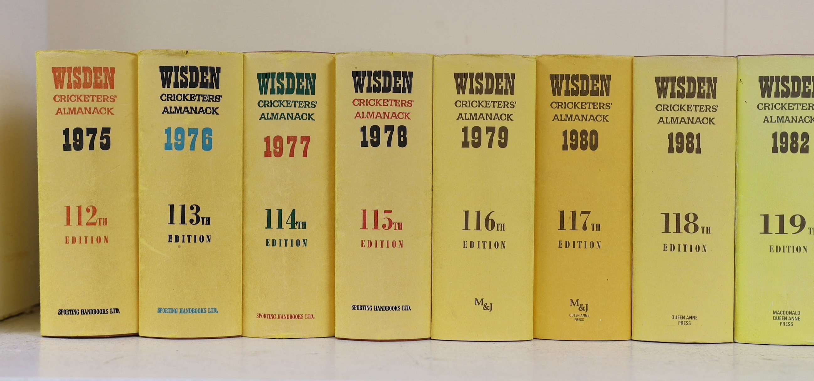 Wisden, John - Cricketers Almanack for the years 1975 (112th edition) - 2018 (155th edition), all hardbacks, with unclipped dust jackets. Together with - An Index to Wisden Cricketers’ Almanack 1864-1984 and Wisden ‘’Wha